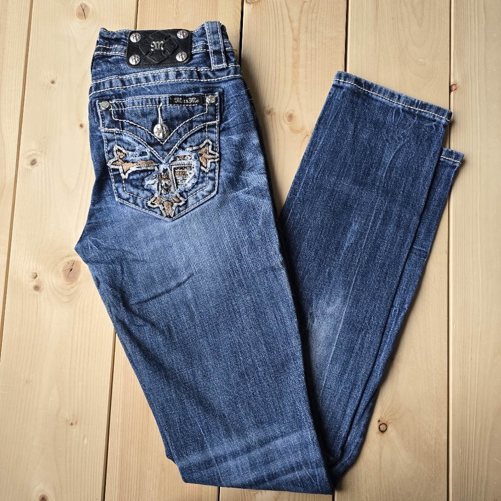 Miss Me Mid Rise Straight Embellished Pocket Stretch Denim Jeans Size 27X33
